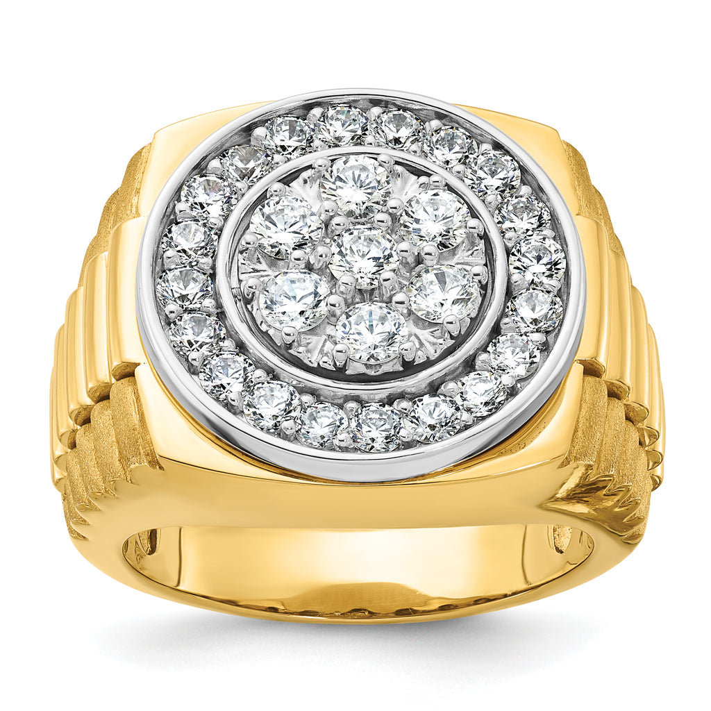 14k Two-tone Mens Polished Satin and Ribbed 2 Carat AA Diamond Round Cluster Halo Ring - Sophia Jewelers