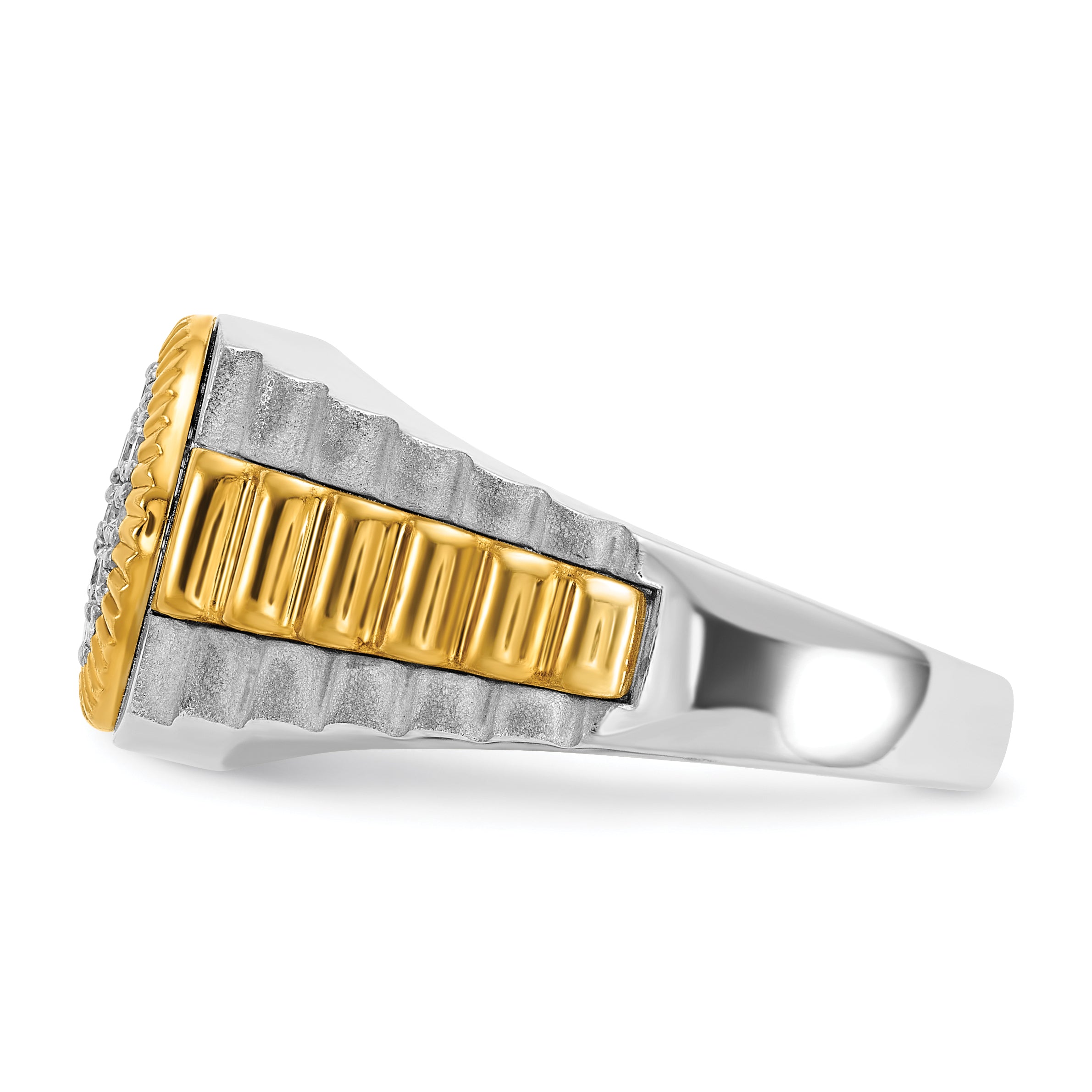 14k Two-tone Men's Polished Satin and Ribbed 1/2 Carat A Quality Diamond Round Cluster Ring
