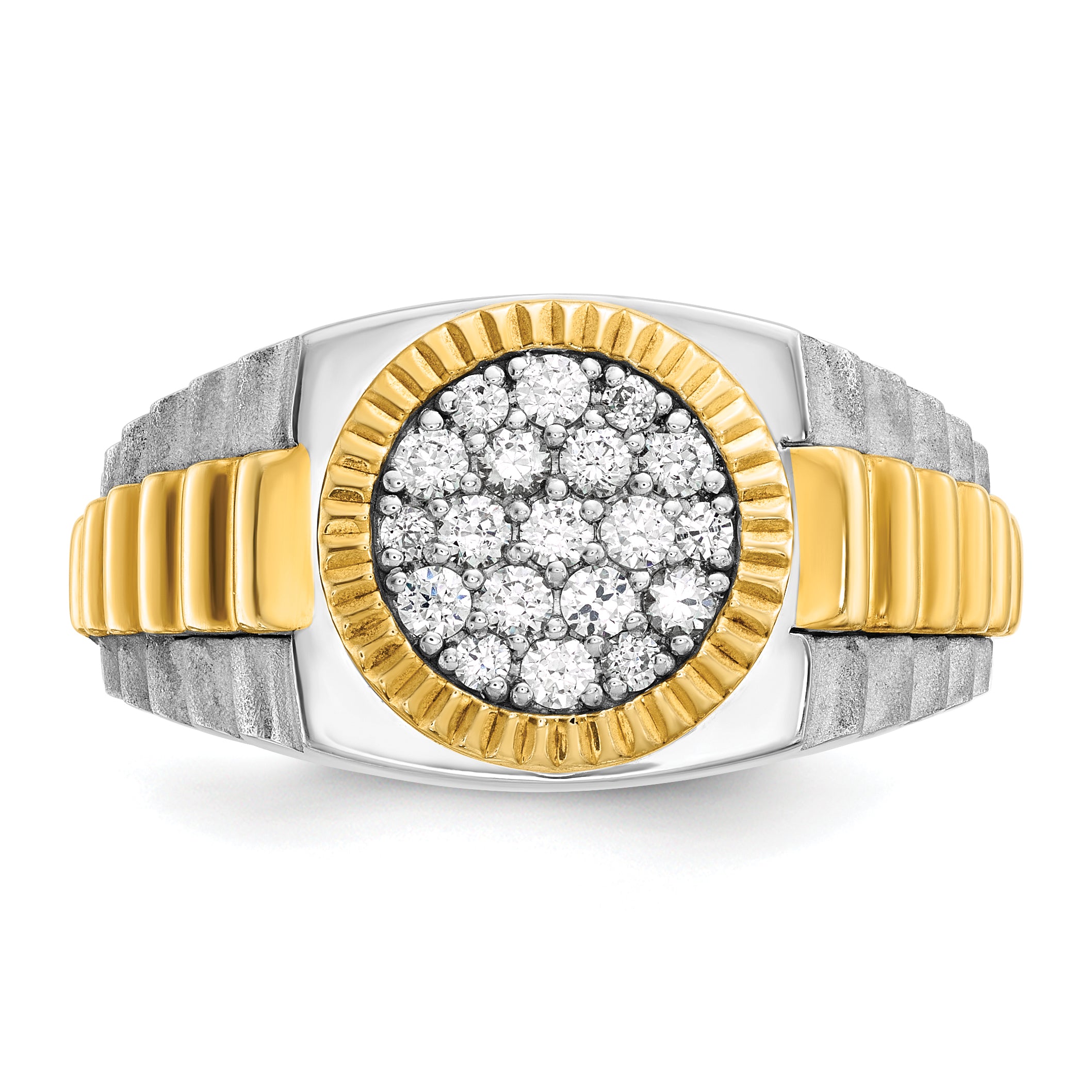 14k Two-tone Men's Polished Satin and Ribbed 1/2 Carat A Quality Diamond Round Cluster Ring