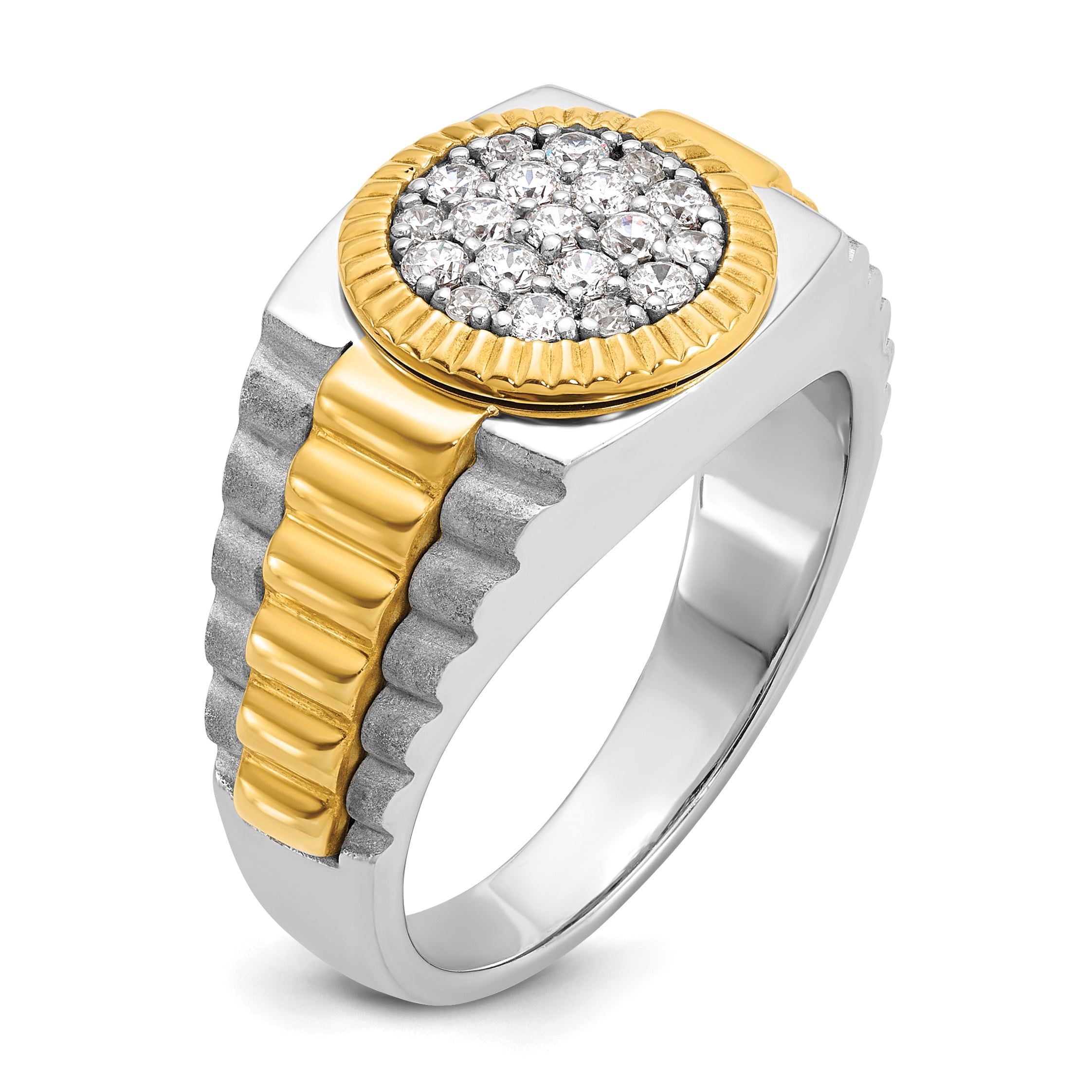 14k Two-tone Men's Polished Satin and Ribbed 1/2 Carat A Quality Diamond Round Cluster Ring