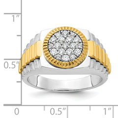 14k Two-tone Men's Polished Satin and Ribbed 1/2 Carat A Quality Diamond Round Cluster Ring