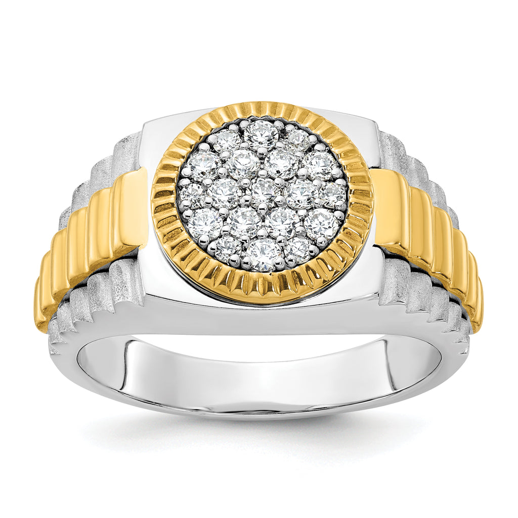 14k Two-tone Men's Polished Satin and Ribbed Round Cluster Ring Mounting, Mounting Only - Sophia Jewelers