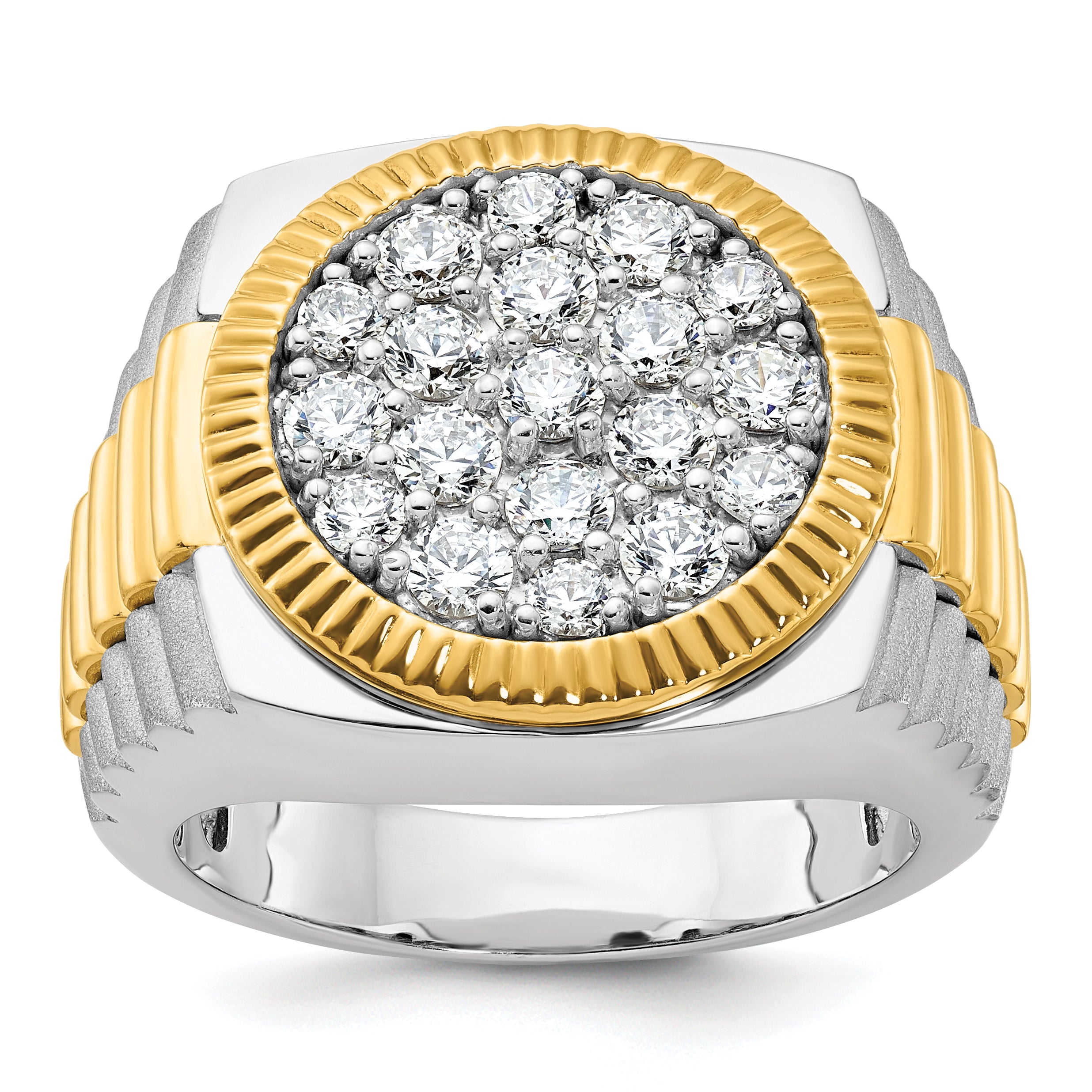 14k Two-tone Men's Polished Satin and Ribbed 2 1/8 Carat Lab Grown Diamond Round Cluster Ring - Sophia Jewelers