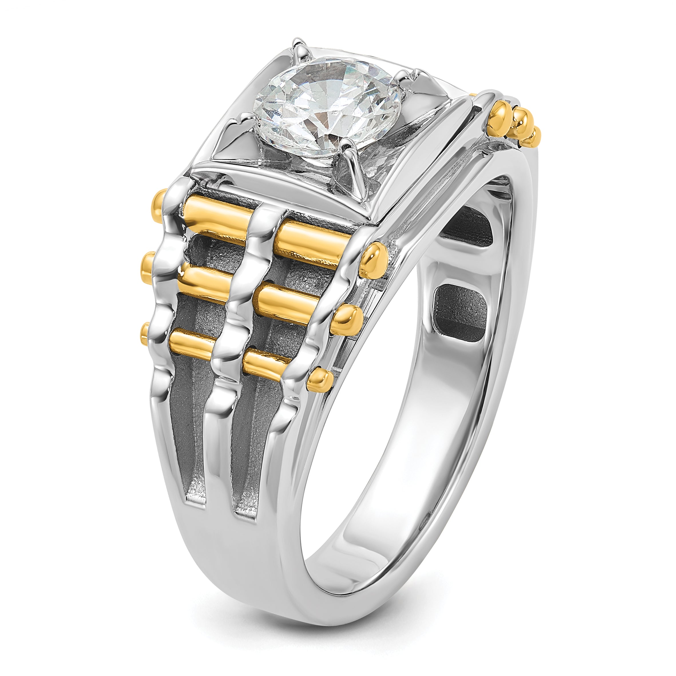 14k Two-tone 1 carat Lab Grown Diamond VS/SI+ G+ Polished and Brushed Textured Complete Men's Ring