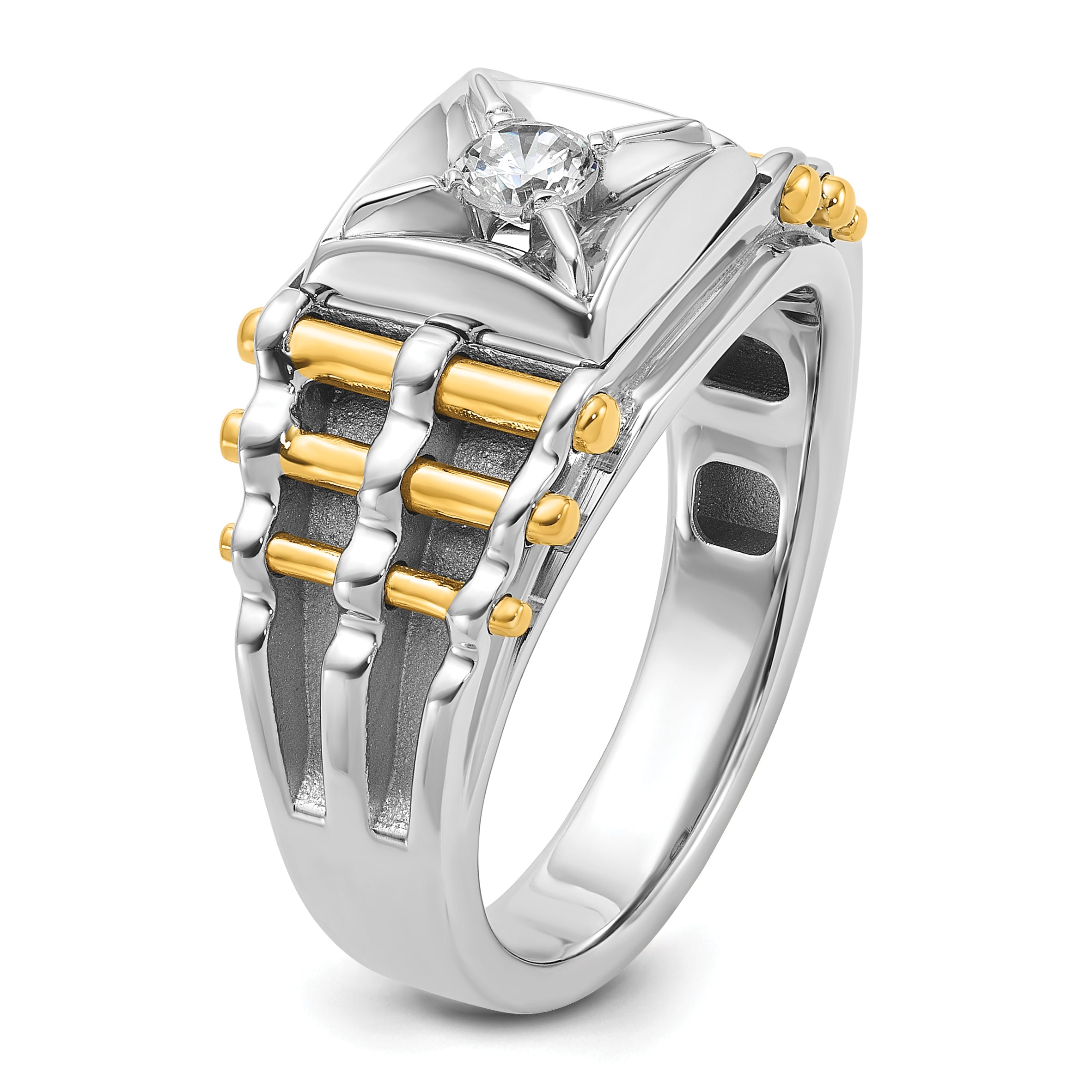14k Two-tone 1 carat Lab Grown Diamond VS/SI+ G+ Polished and Brushed Textured Complete Men's Ring