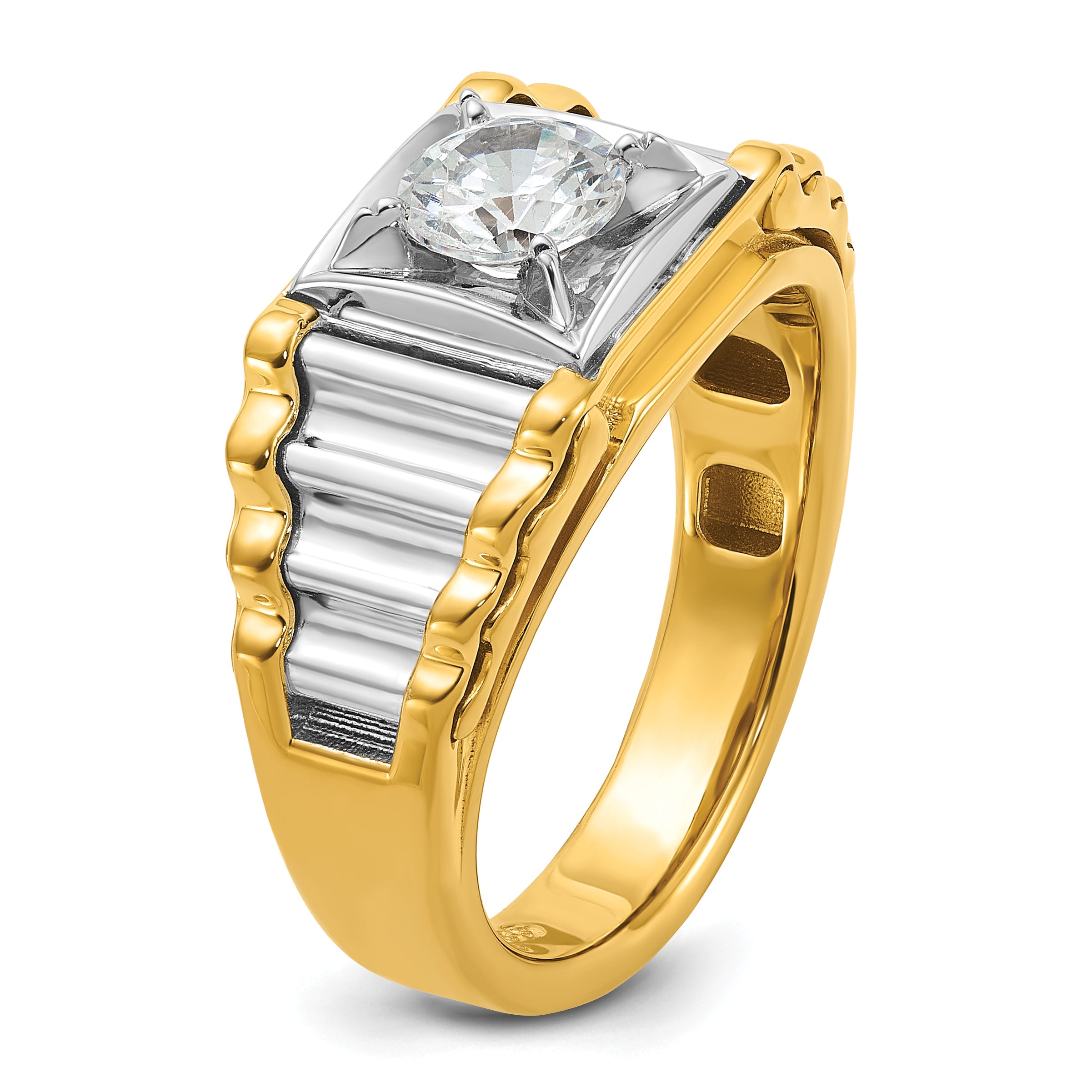 14k Two-Tone 1 carat Lab Grown Diamond VS/SI+ G+ Polished and Ribbed Complete Men's Ring