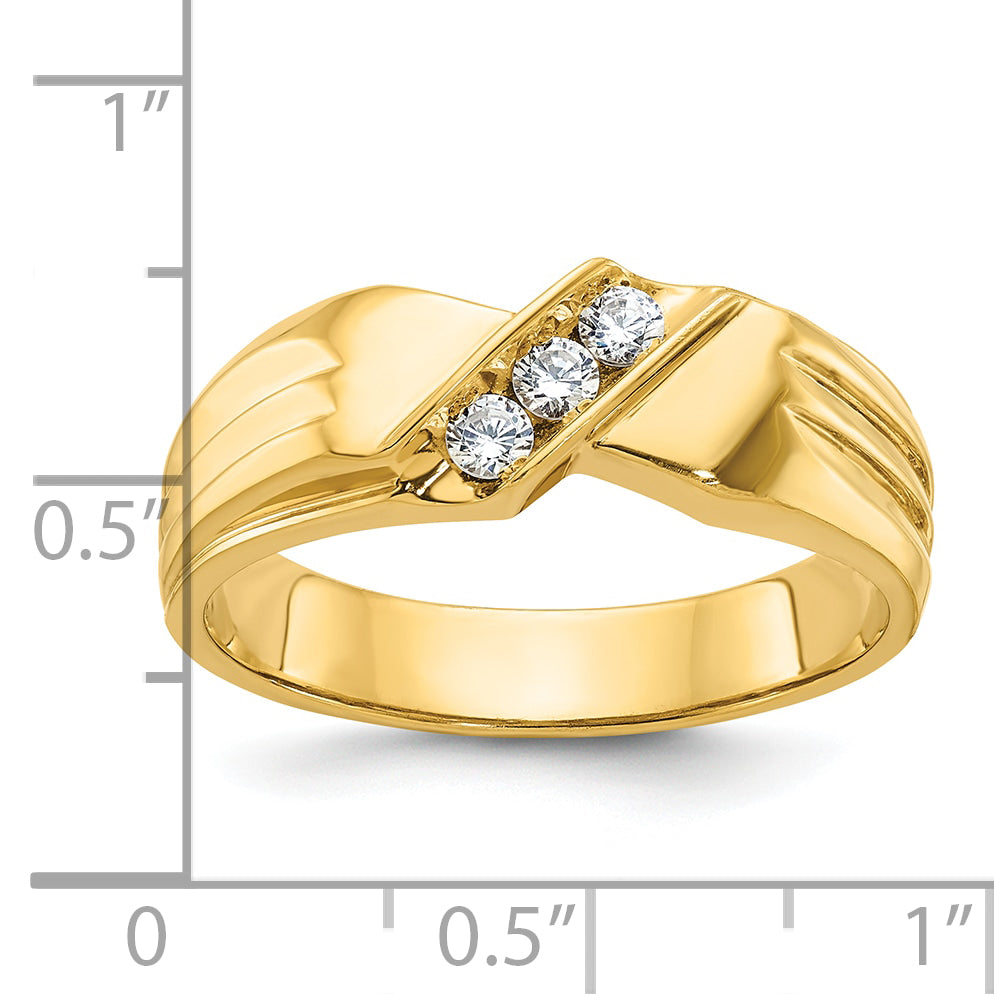 14k Men's Polished and Grooved 3-Stone 1/5 Carat AA Quality Diamond Ring - Sophia Jewelers