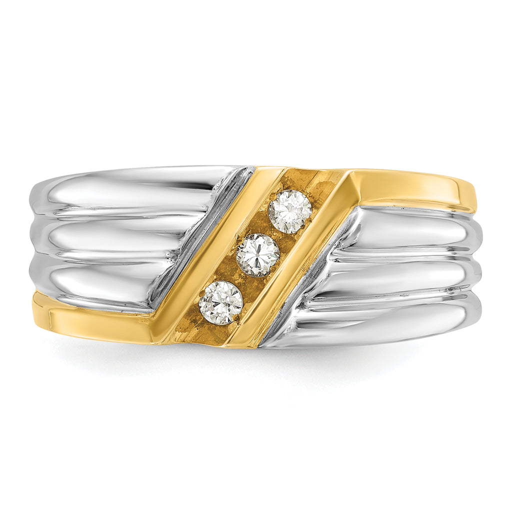 14k Two-tone Men's Polished and Grooved 3-Stone Ring Mounting, Mounting Only - Sophia Jewelers