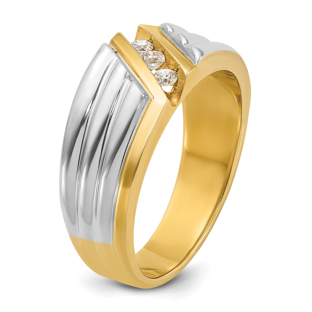 14k Two-tone Men's Polished and Grooved 3-Stone 1/6 Carat AA Quality Diamond Ring - Sophia Jewelers