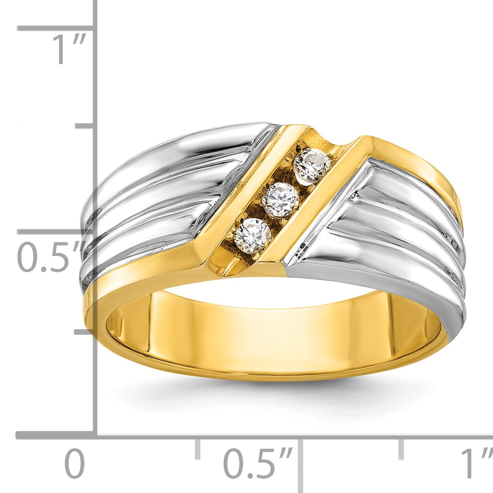 14k Two-tone Men's Polished and Grooved 3-Stone 1/6 Carat AA Quality Diamond Ring - Sophia Jewelers Main image