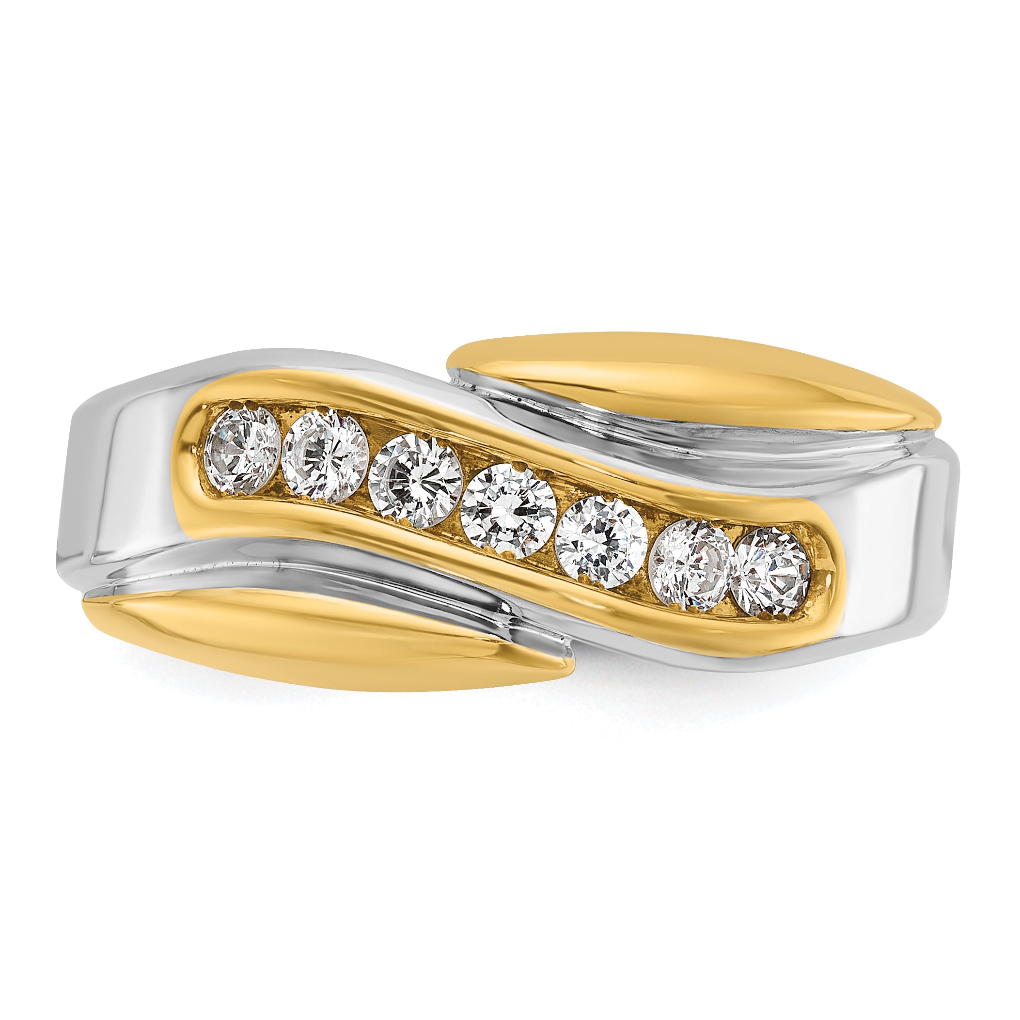 14k Two-tone Mens Polished and Grooved Curved 7-Stone Ring Mounting, Mounting Only - Sophia Jewelers