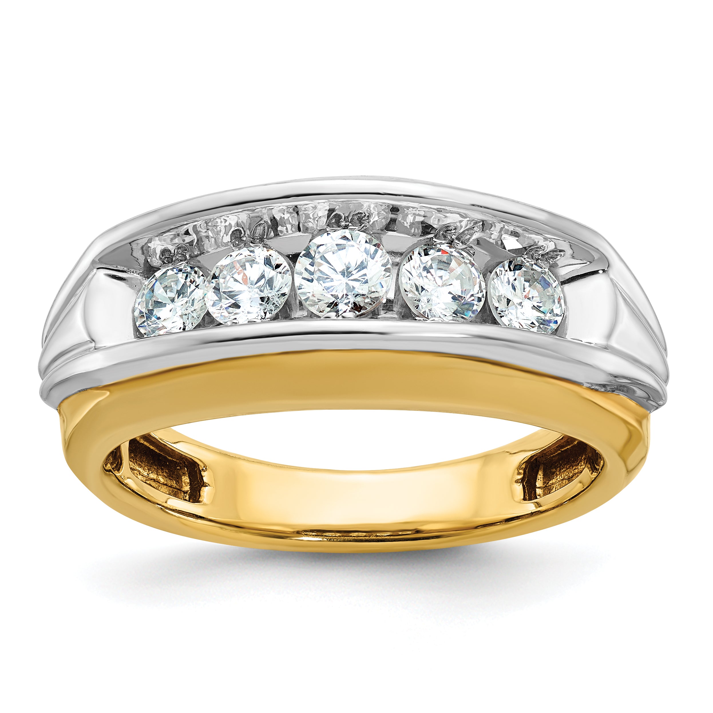 14k Two-tone Men's Polished and Grooved 5-Stone 1 Carat AA Quality Diamond Ring - Sophia Jewelers