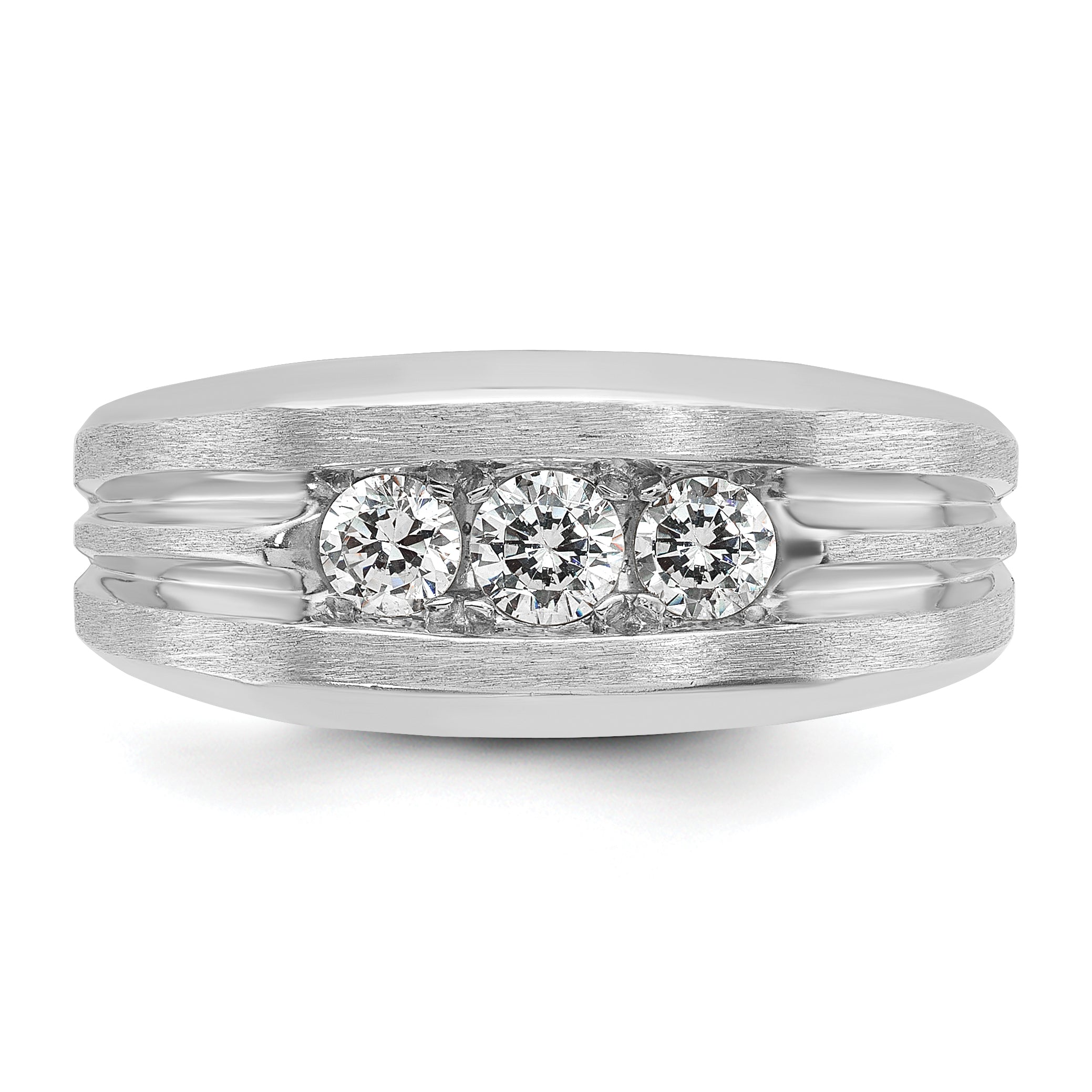 14k White Gold Men's Polished Satin and Grooved 3-Stone 1/2 Carat AA Quality Diamond Ring - Sophia Jewelers