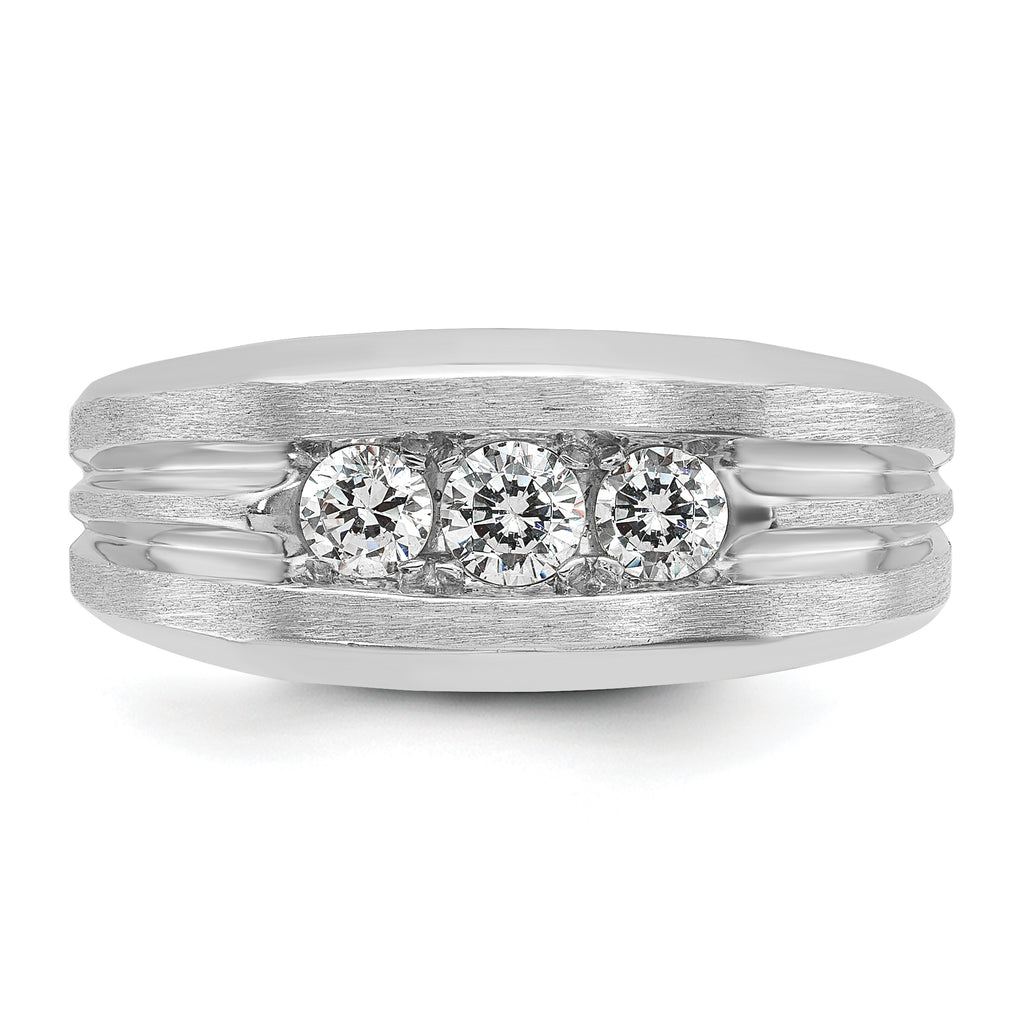 14k White Gold Men's Polished Satin and Grooved 3-Stone Ring Mounting, Mounting Only - Sophia Jewelers