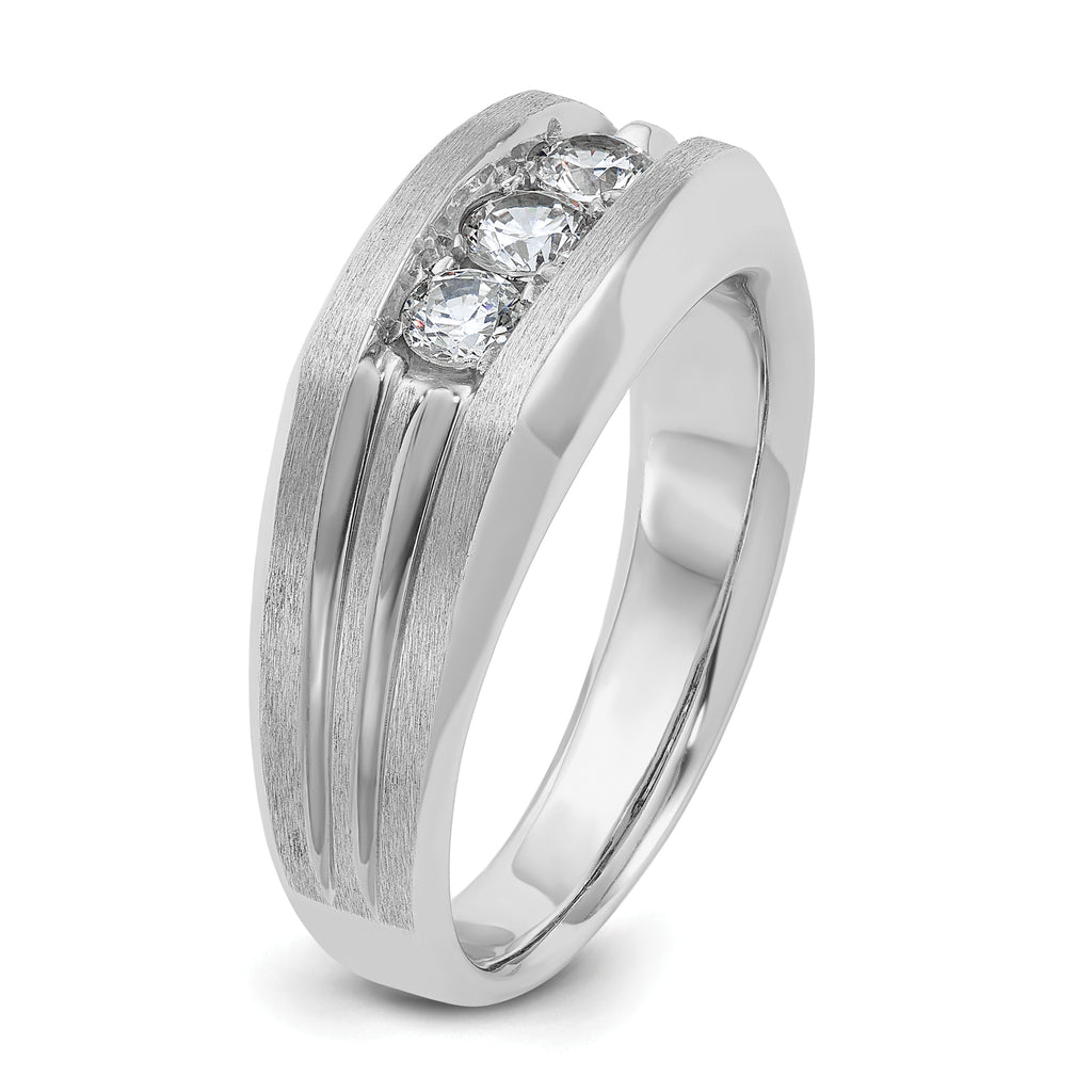 14k White Gold Men's Polished Satin and Grooved 3-Stone 1/2 Carat AA Quality Diamond Ring - Sophia Jewelers