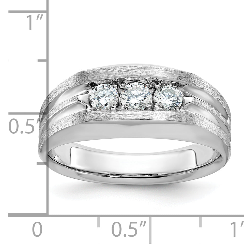 14k White Gold Men's Polished Satin and Grooved 3-Stone 1/2 Carat AA Quality Diamond Ring Secondary image