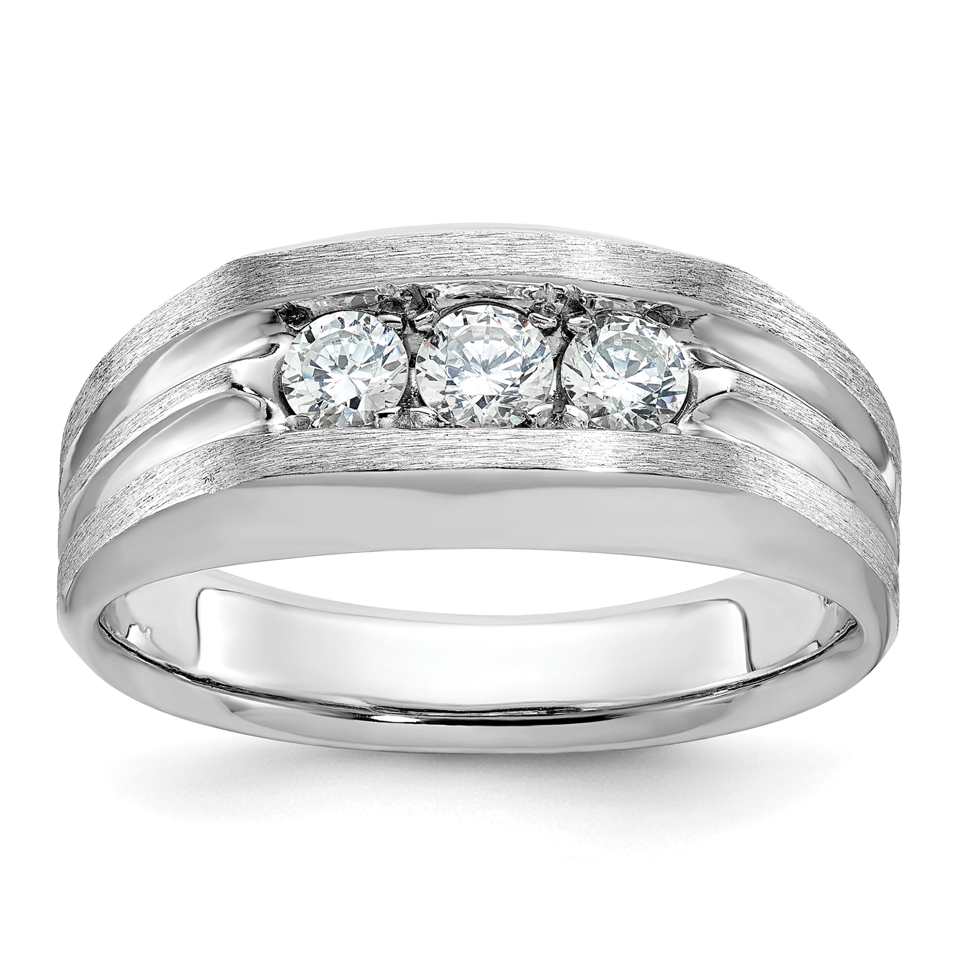 14k White Gold Men's Polished Satin and Grooved 3-Stone 1/2 Carat AA Quality Diamond Ring - Sophia Jewelers