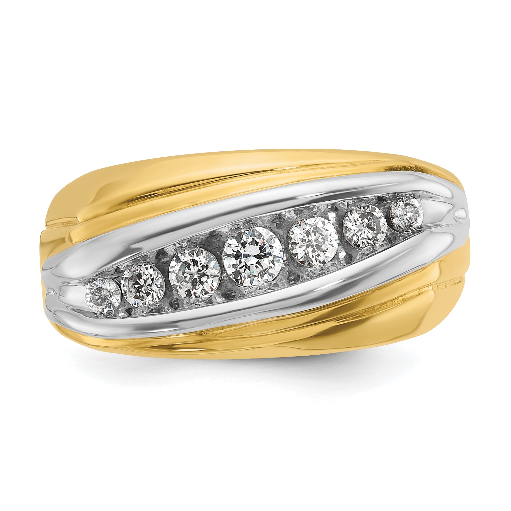 14k Two-tone Men's Polished and Grooved Graduated 7-Stone Ring Mounting, Mounting Only - Sophia Jewelers