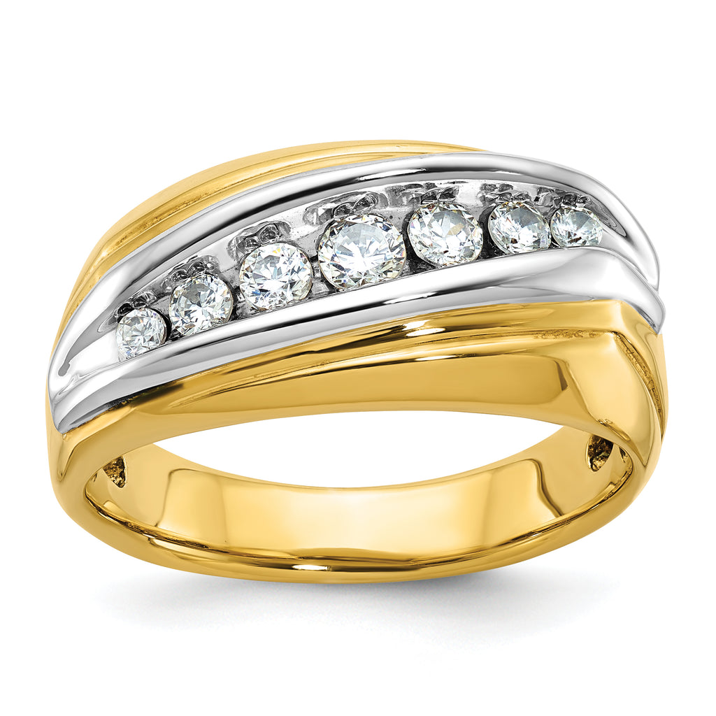14k Two-tone Men's Polished and Grooved Graduated 7-Stone Ring Mounting, Mounting Only - Sophia Jewelers