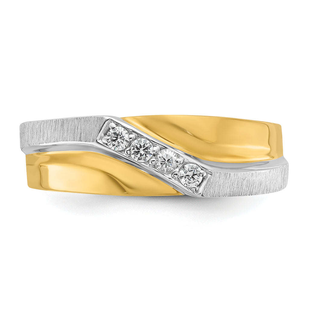 14k Two-tone Men's Polished Satin and Grooved 4-Stone 1/8 Carat AA Quality Diamond Ring - Sophia Jewelers