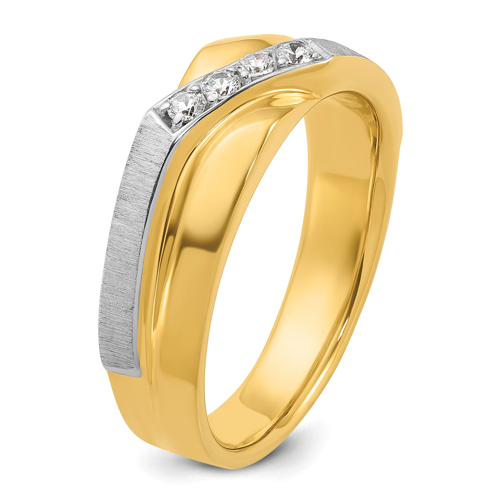 14k Two-tone Men's Polished Satin and Grooved 4-Stone 1/8 Carat AA Quality Diamond Ring - Sophia Jewelers