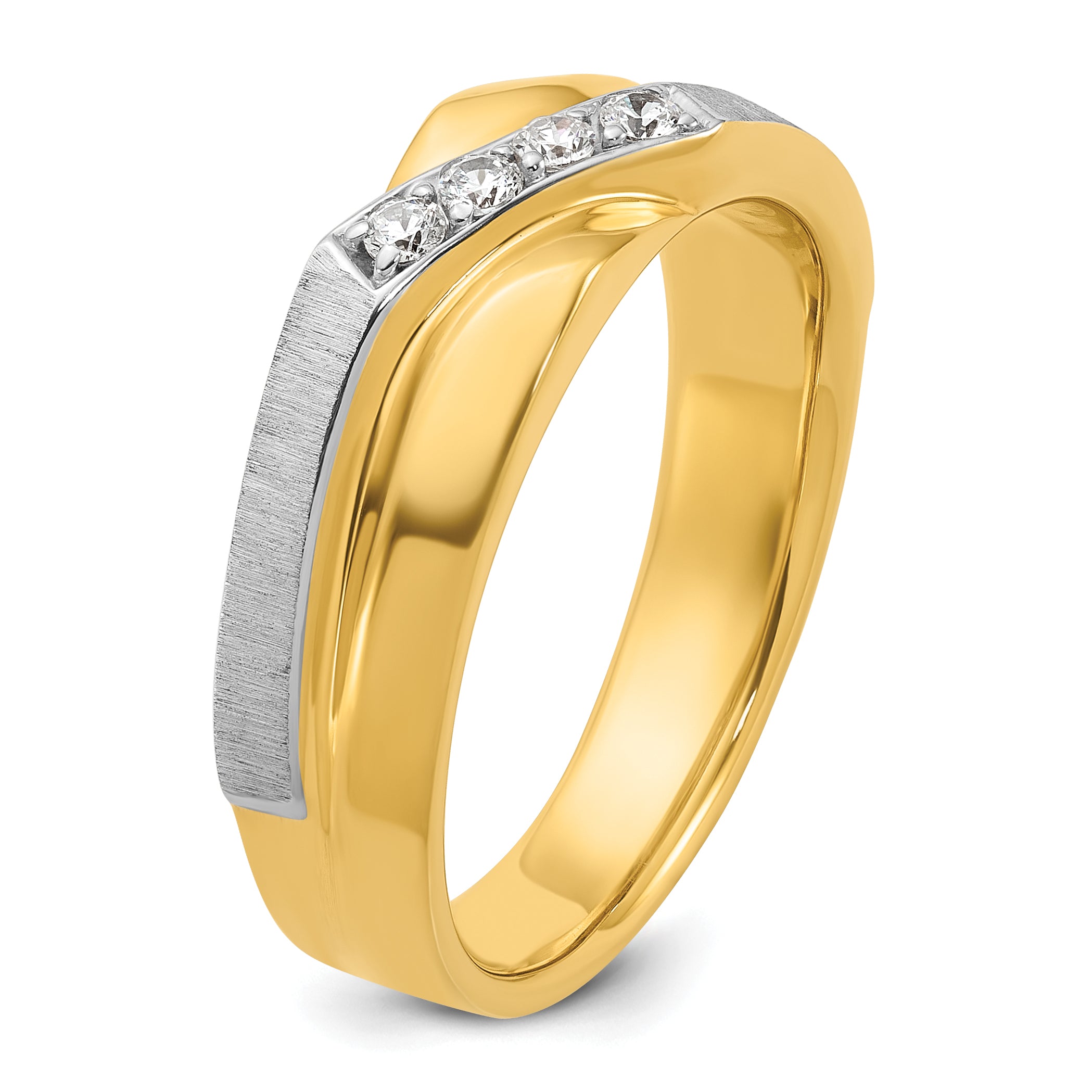 14k Two-tone Men's Polished Satin and Grooved 4-Stone 1/8 Carat AA Quality Diamond Ring - Sophia Jewelers