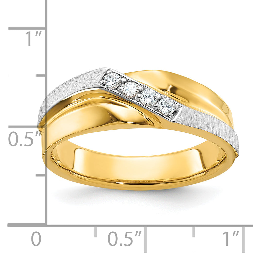 14k Two-tone Men's Polished Satin and Grooved 4-Stone 1/8 Carat AA Quality Diamond Ring - Sophia Jewelers