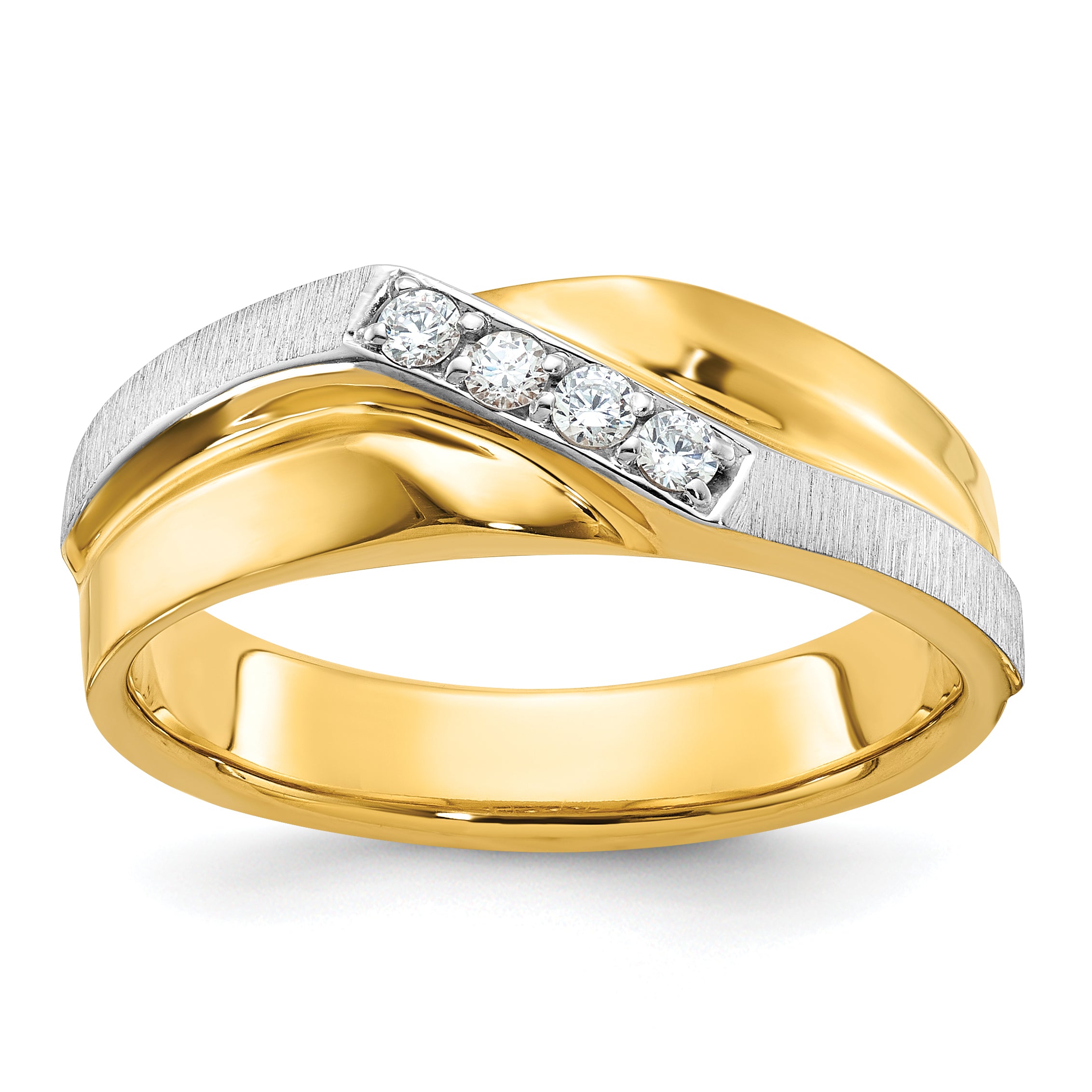 14k Two-tone Men's Polished Satin and Grooved 4-Stone 1/8 Carat AA Quality Diamond Ring - Sophia Jewelers
