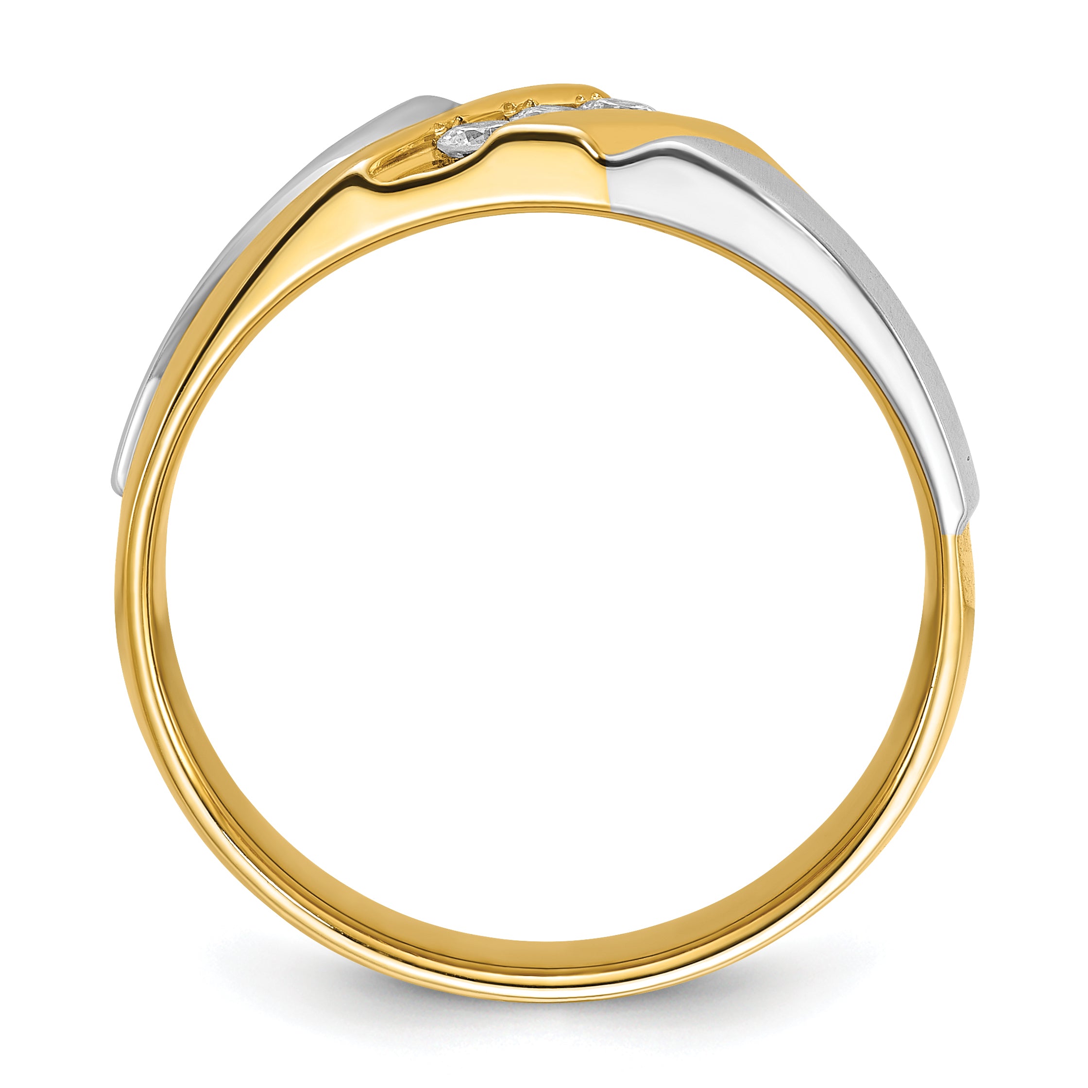 10k Two-tone Men's Polished Satin and Grooved 3-Stone 1/6 Carat A Quality Diamond Ring Secondary image