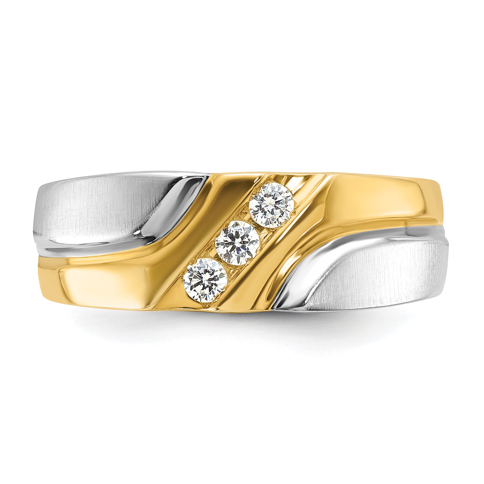 10k Two-tone Men's Polished Satin and Grooved 3-Stone 1/6 Carat A Quality Diamond Ring