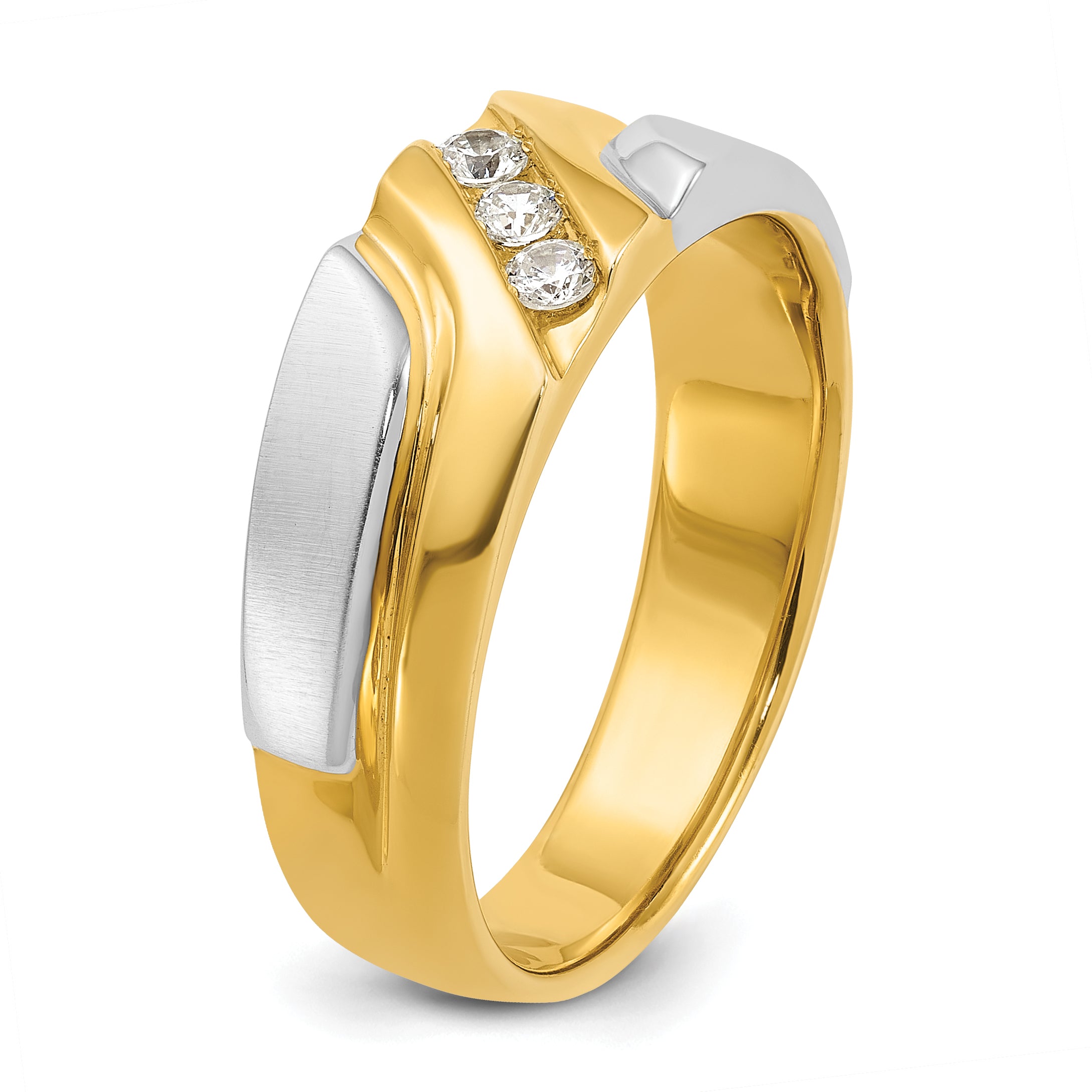 10k Two-tone Men's Polished Satin and Grooved 3-Stone 1/6 Carat A Quality Diamond Ring