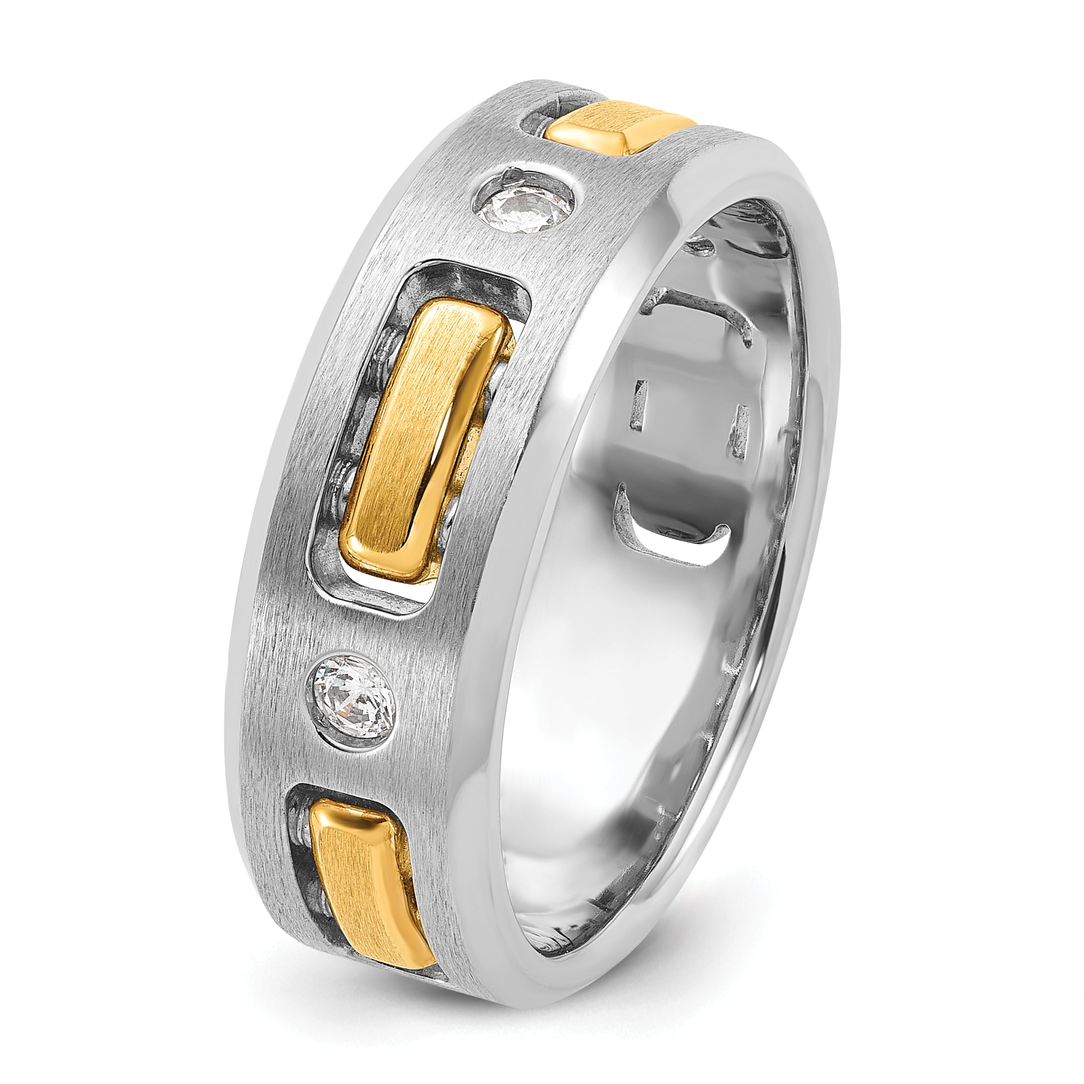14k Two-tone Men's Polished Satin and Cut-Out 1/6 Carat AA Quality Diamond 3-Stone Ring - Sophia Jewelers