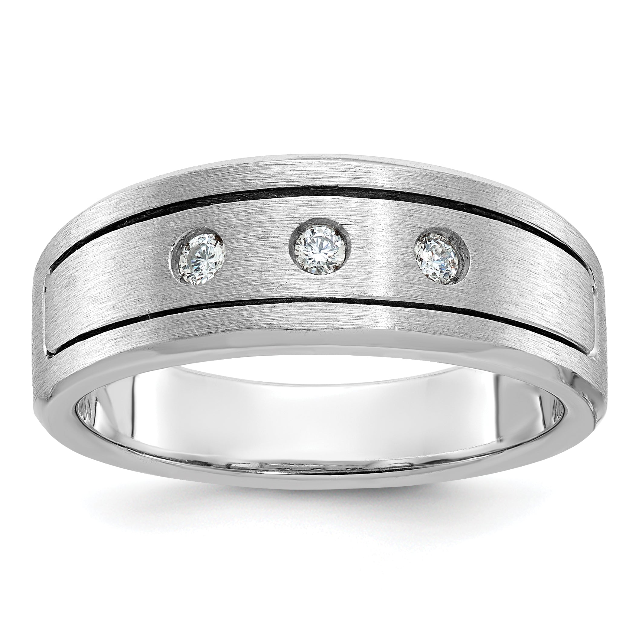 14k White Gold Mens Polished/Antiqued/Satin 1/6 carat Diamond 3-Stone Complete Ring - Sophia Jewelers Main image