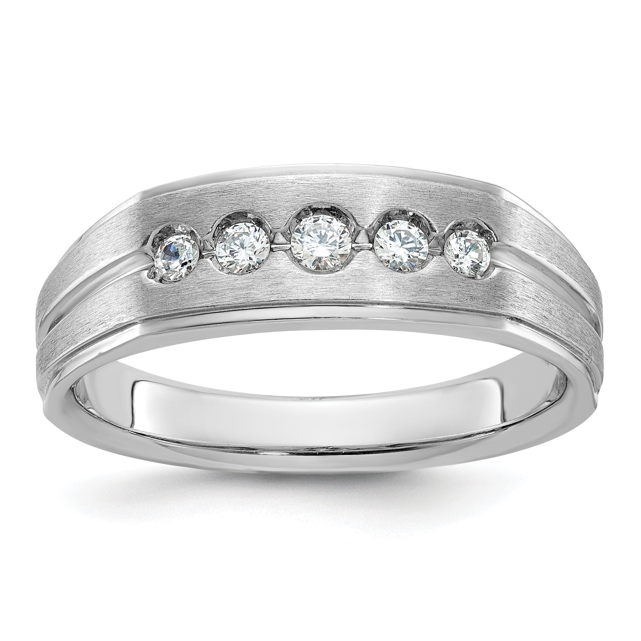 14k White Gold Men's Polished Satin and Grooved 5-Stone Ring Mounting, Mounting Only - Sophia Jewelers