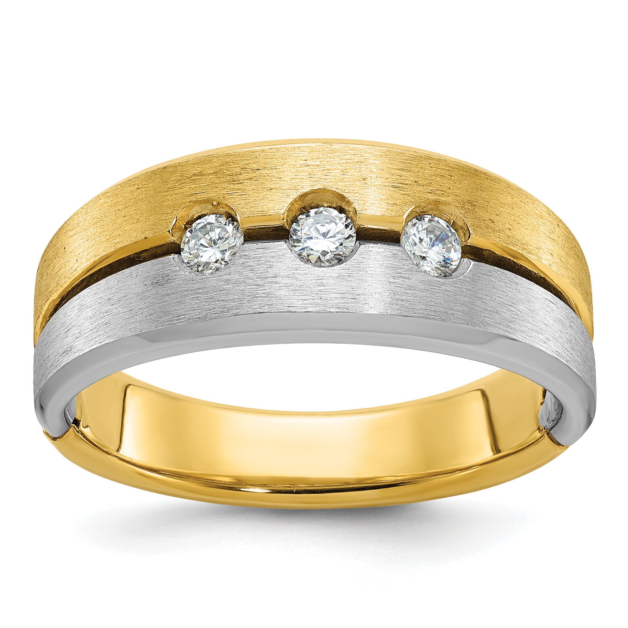 14k Two-tone Mens Polished and Satin 1/4 carat Diamond 3-Stone Complete Ring - Sophia Jewelers