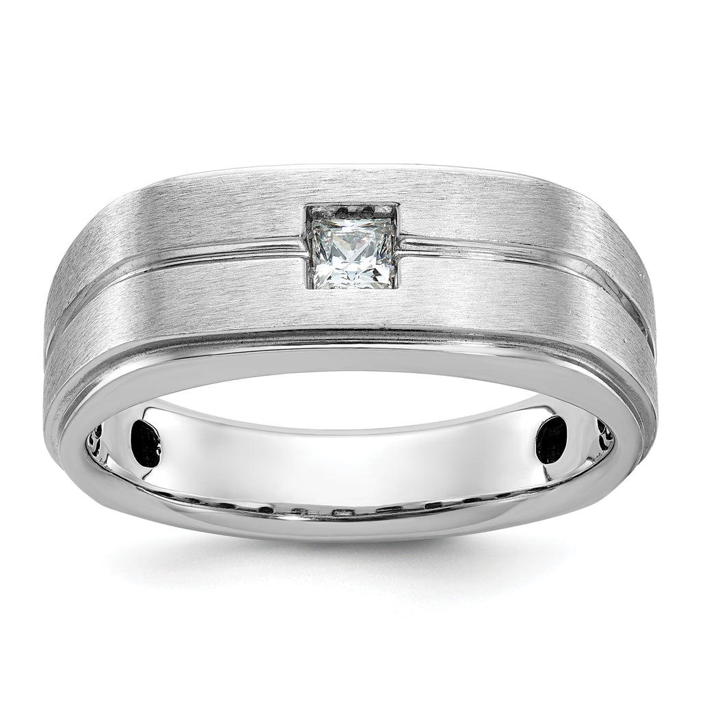 14k White Gold Mens Polished and Satin 1/6 carat Diamond Complete Ring - Sophia Jewelers