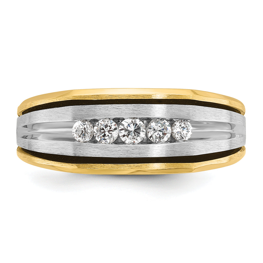 14k Two-tone Men's Polished Satin and Grooved 5-Stone Ring Mounting, Mounting Only - Sophia Jewelers