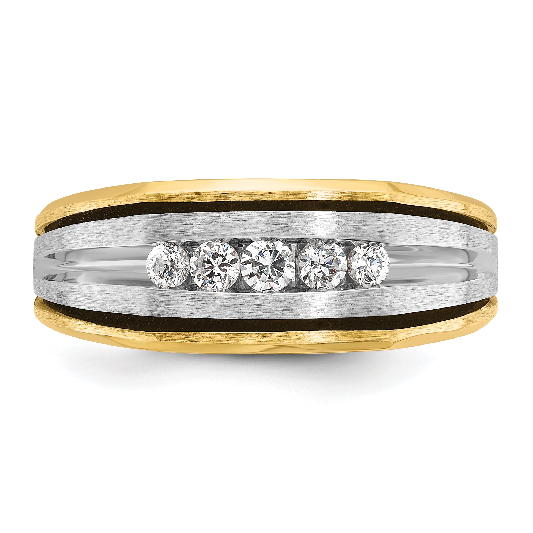 14k Two-tone Men's Polished Satin and Grooved 5-Stone Ring Mounting, Mounting Only - Sophia Jewelers