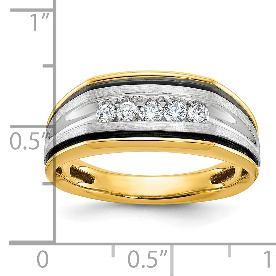 14k Two-tone with Black Rhodium Men's Polished Satin and Grooved 5-Stone 1/4 Carat AA Quality Diamon - Sophia Jewelers