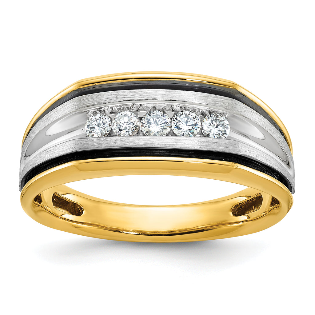 14k Two-tone with Black Rhodium Men's Polished Satin and Grooved 5-Stone 1/4 Carat AA Quality Diamon - Sophia Jewelers