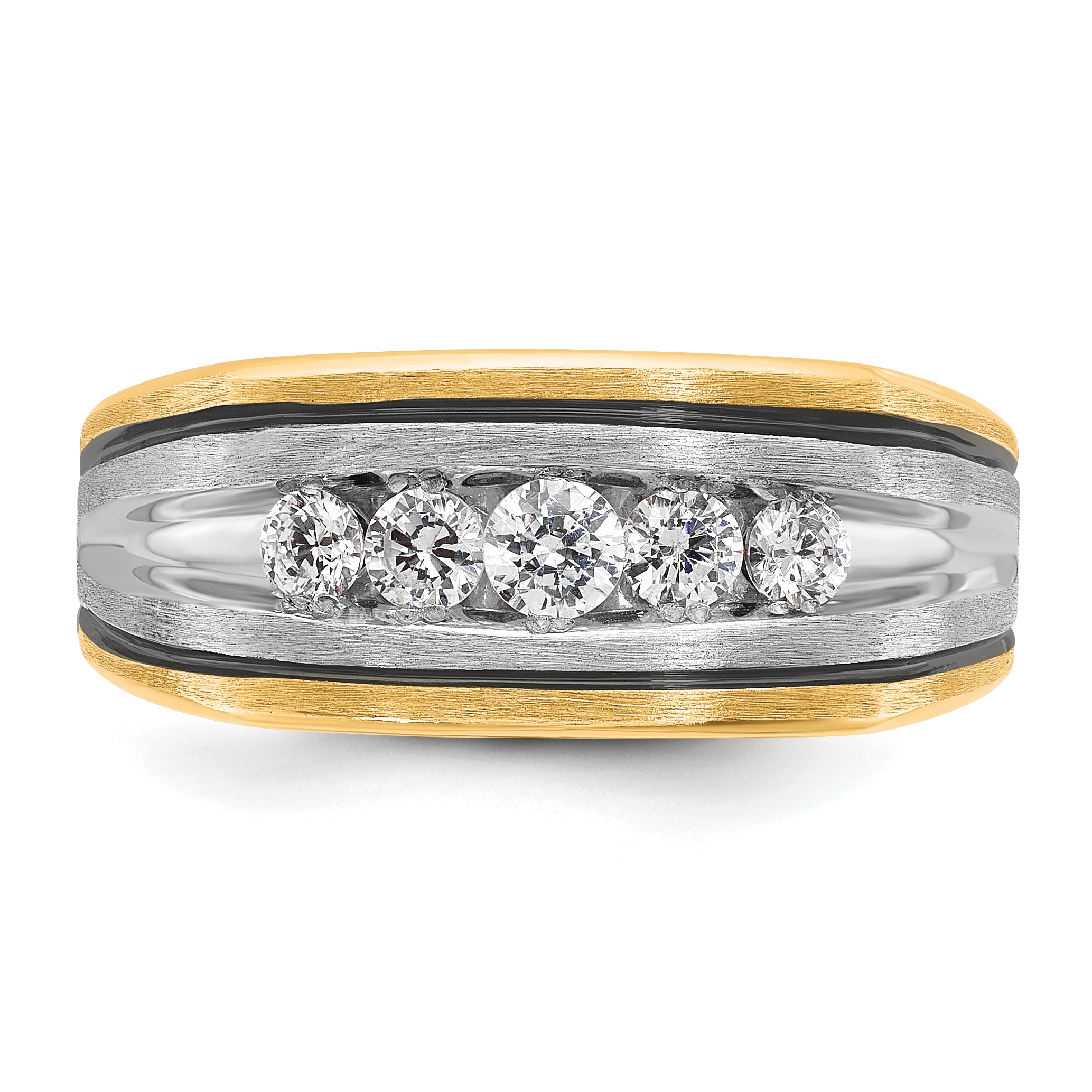 10k Two-tone with Black Rhodium Men's Polished Satin and Grooved 5-Stone 1/2 Carat A Quality Diamond Ring