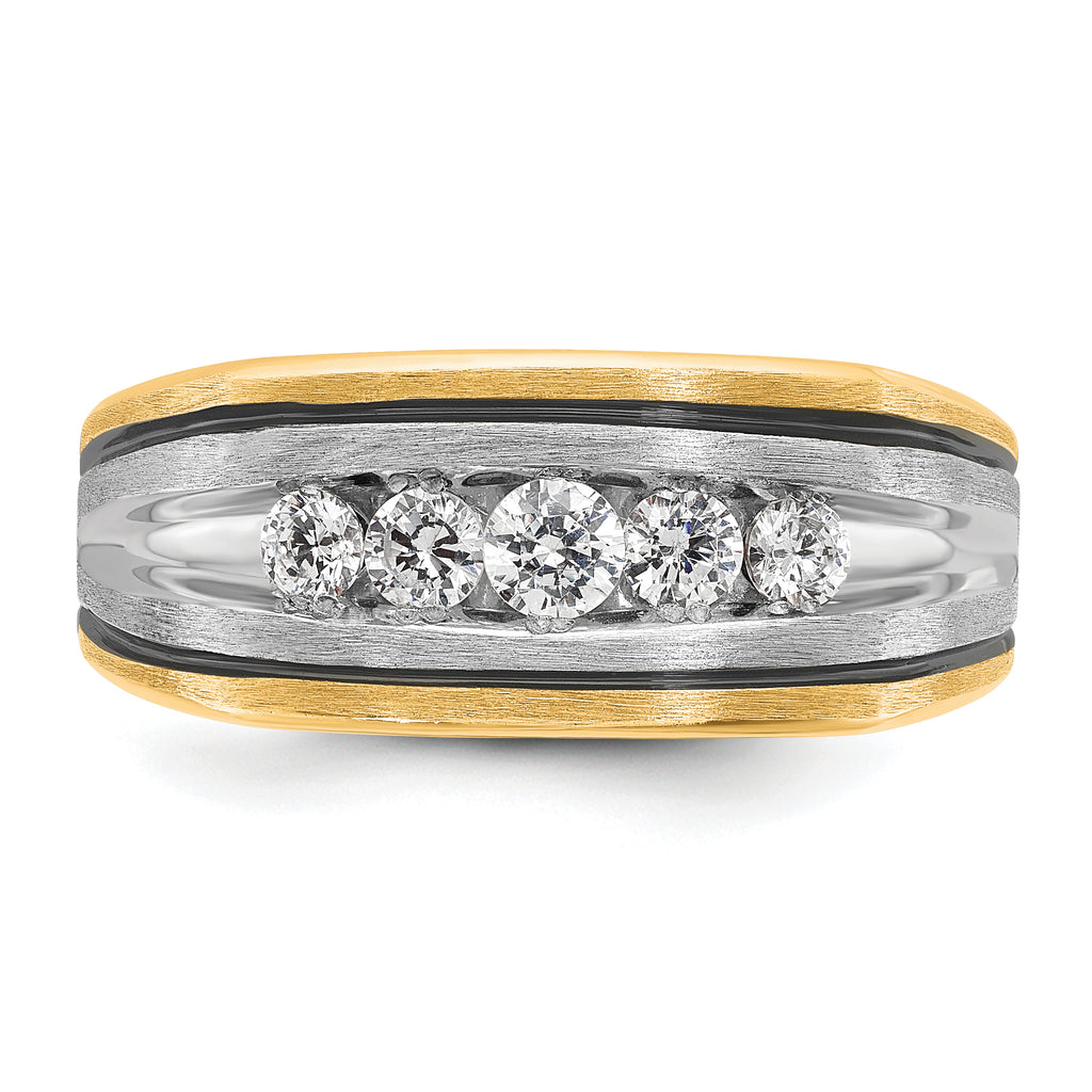 10k Two-tone with Black Rhodium Men's Polished Satin and Grooved 5-Stone 1/2 Carat A Quality Diamond Ring