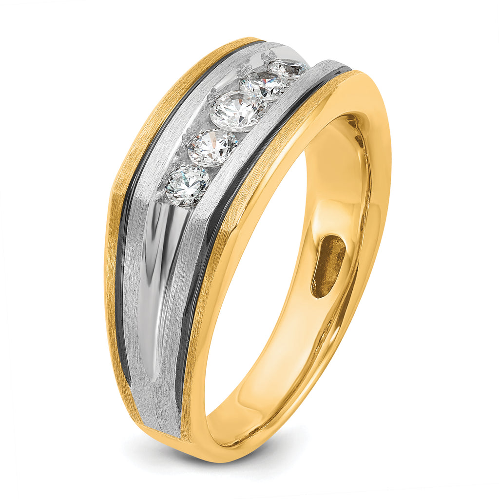 10k Two-tone with Black Rhodium Men's Polished Satin and Grooved 5-Stone 1/2 Carat A Quality Diamond Ring