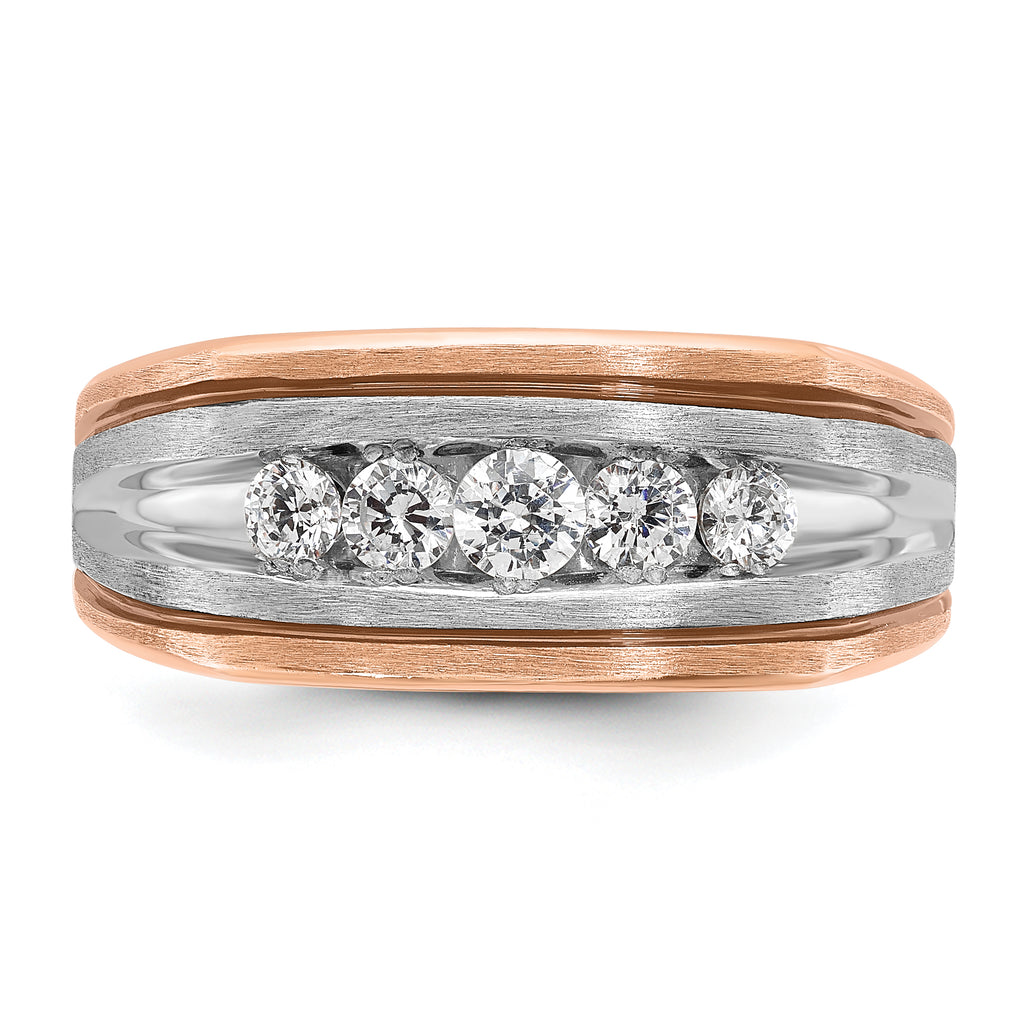 14k White and Rose Gold with Black Rhodium Men's Polished Satin and Grooved 5-Stone 1/2 Carat AA Qua - Sophia Jewelers