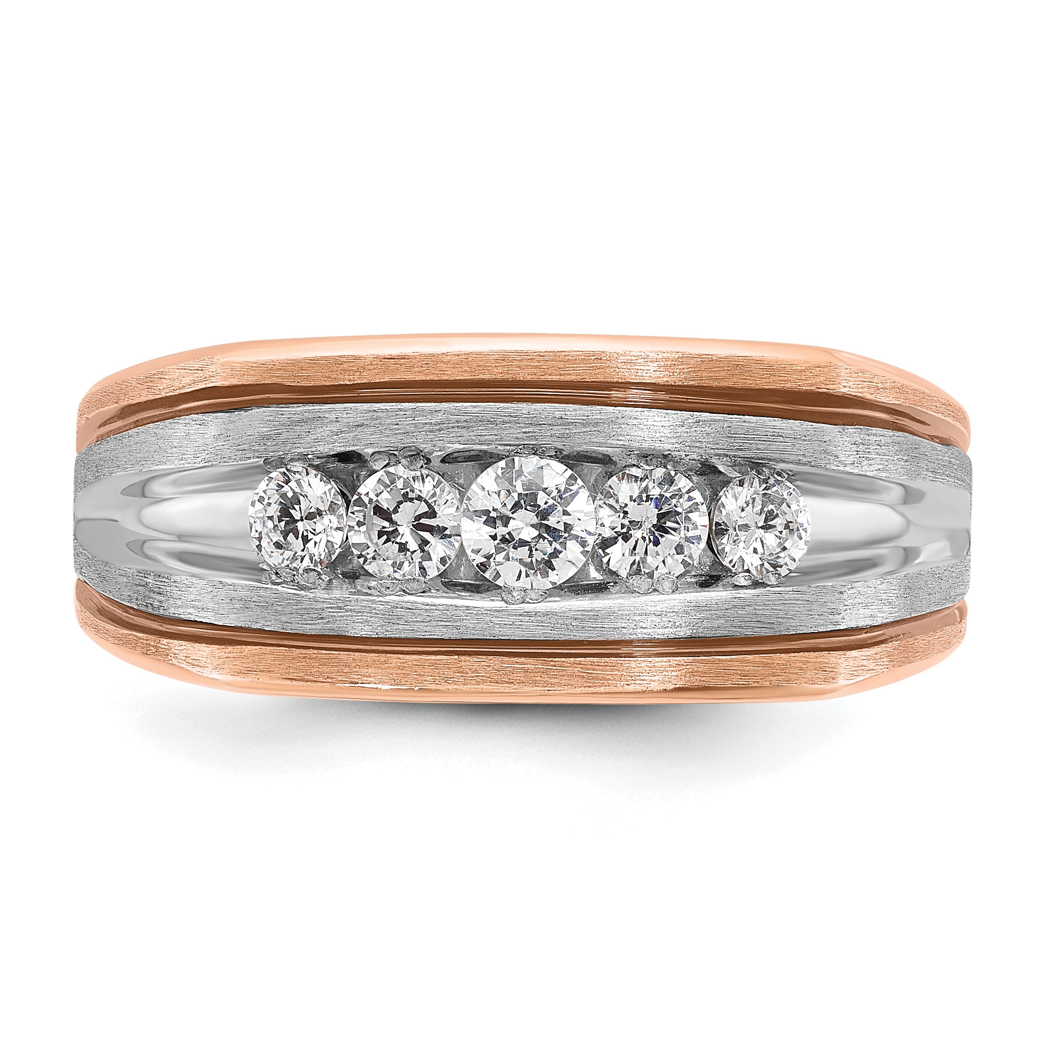 14k White and Rose Gold with Black Rhodium Men's Polished Satin and Grooved 5-Stone 1/2 Carat AA Qua - Sophia Jewelers
