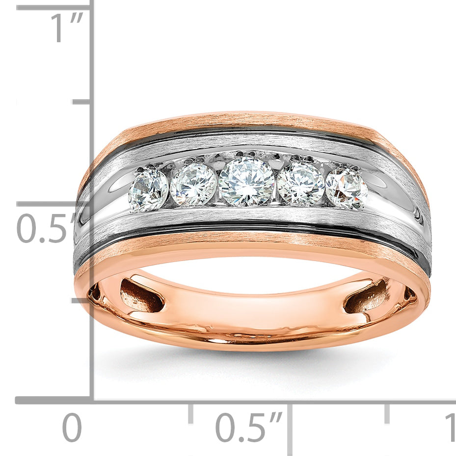 14k White and Rose Gold Men's Polished Satin and Grooved 5-Stone Ring Mounting, Mounting Only - Sophia Jewelers