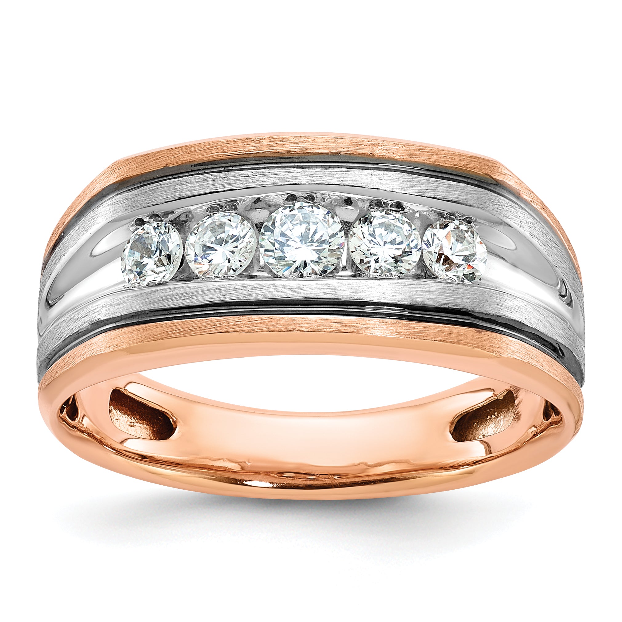 14k White and Rose Gold Men's Polished Satin and Grooved 5-Stone Ring Mounting, Mounting Only - Sophia Jewelers