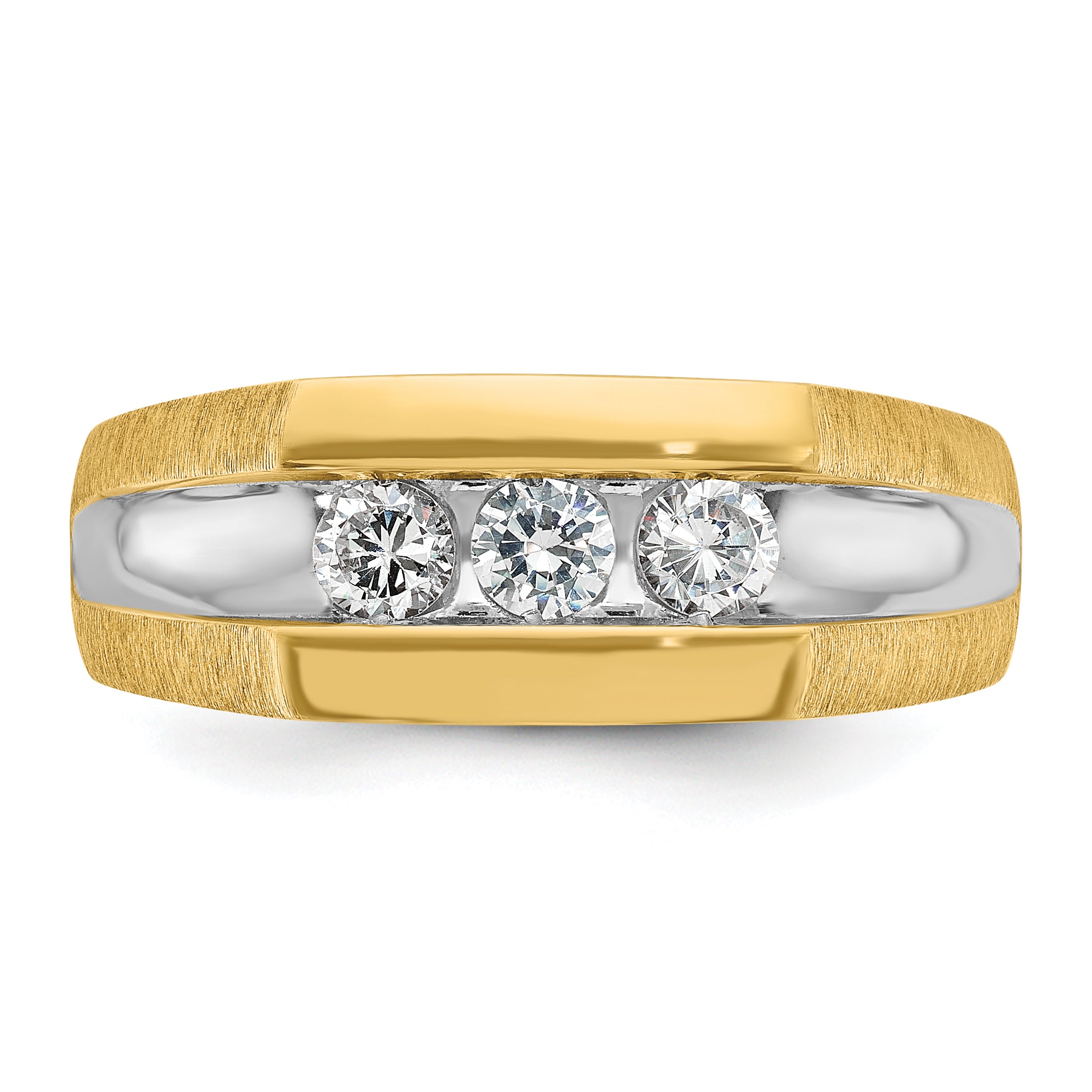 14k Mens Polished Satin and Grooved 3-Stone Ring Mounting, Mounting Only - Sophia Jewelers