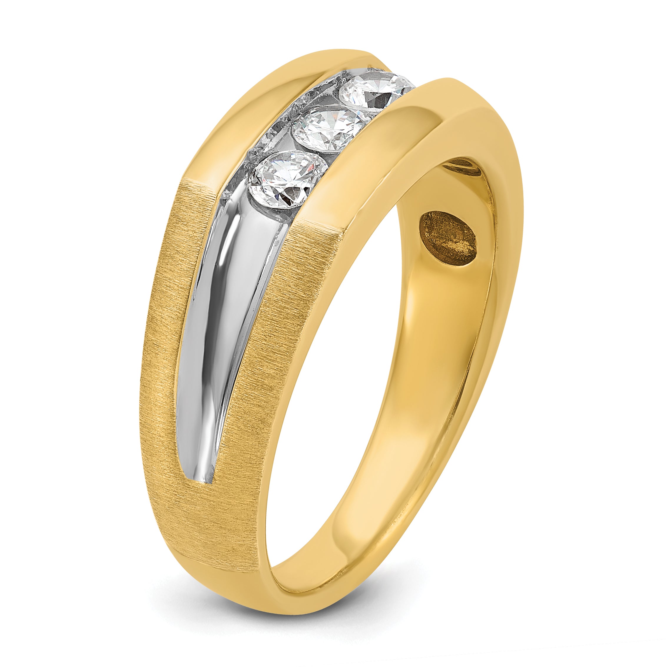 14k Mens Polished Satin and Grooved 3-Stone Ring Mounting, Mounting Only - Sophia Jewelers