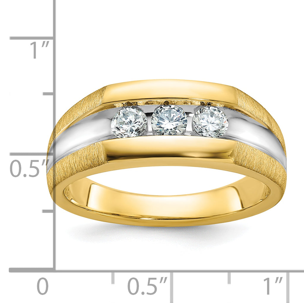 14k with White Rhodium Men's Polished Satin and Grooved 3-Stone 1/2 Carat AA Quality Diamond Ring - Sophia Jewelers